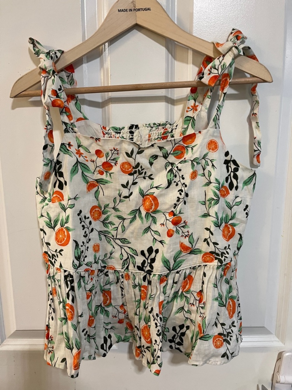 100% Linen Peplum Top with Orange Citrus Print